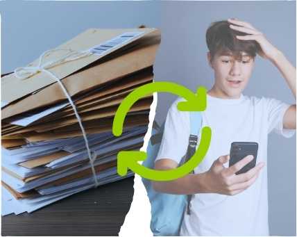 Online Bewerbung trifft auf analoge Bewerbungsmappe – Symbol für veraltete Recruitingprozesse