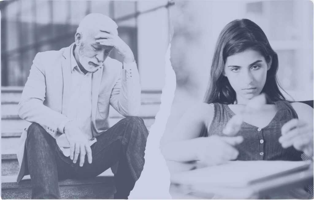 Eine geteilte Collage mit einem harten Riss in der Mitte. Links ein verzweifelter, älterer Ausbilder mit Bart, der den Kopf stützt. Rechts eine gelangweilte, junge Azubine, die mit ihrer Brille spielt und wegschaut. Die Collage illustriert den Generationenkonflikt in der Ausbildung.